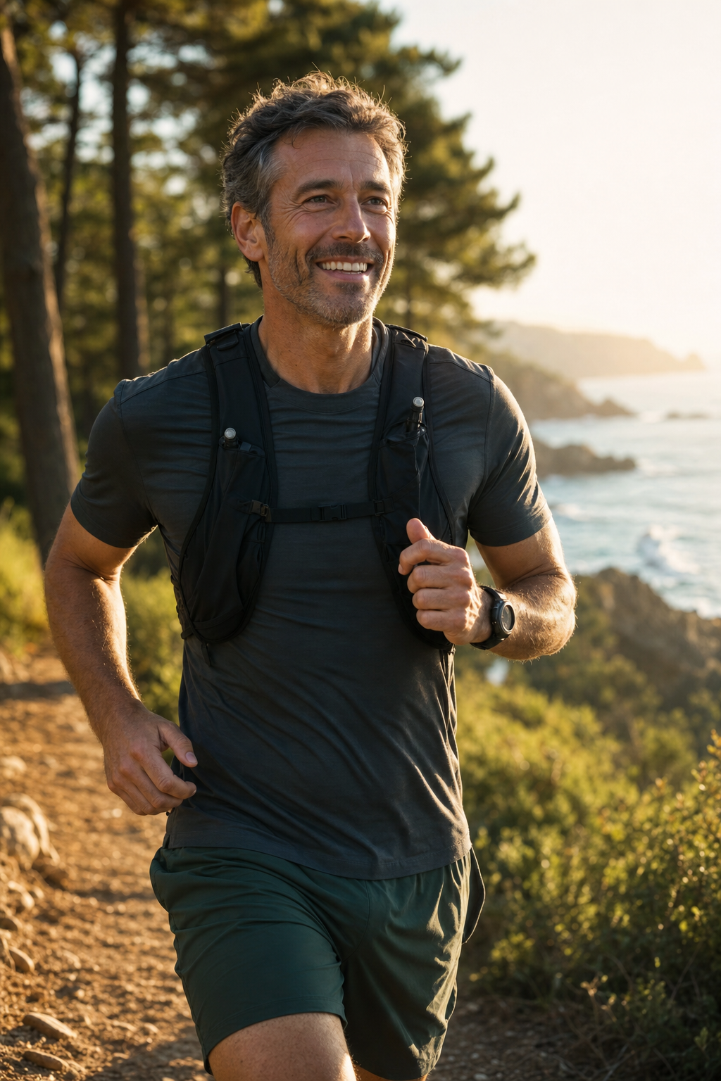 Active, energized man on a coastal trail run